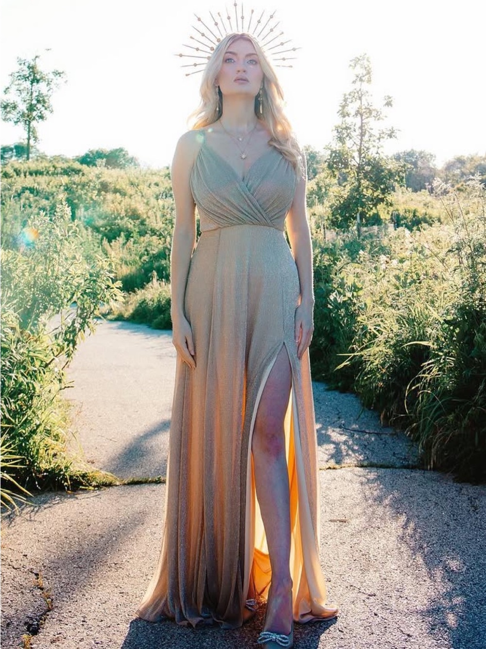 Windsor Champagne Shimmer Spaghetti Strap Prom Dress